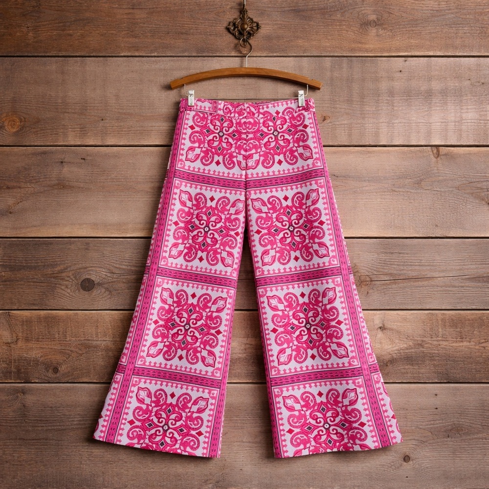 House of Harlow pink boho chic bohemian satin wide leg flare pants S - Picture 2 of 7